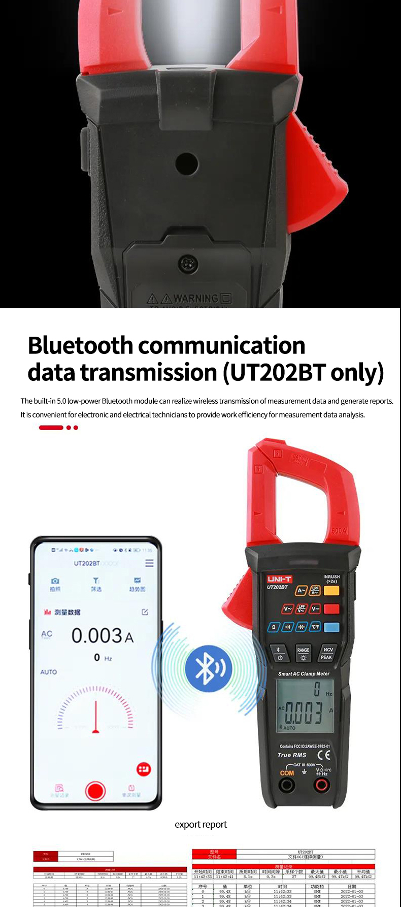 UNI-TNewDigitalClampMeterUT202BTBluetoothConnection600AACDCCurrentVoltage9999CountsTRMSNCVAmmeterTes-1983367-5
