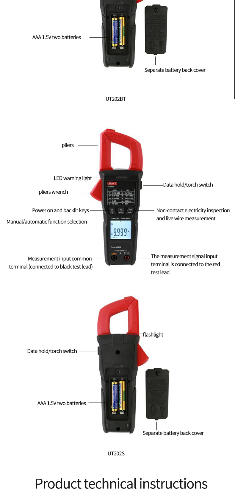 UNI-TNewDigitalClampMeterUT202BTBluetoothConnection600AACDCCurrentVoltage9999CountsTRMSNCVAmmeterTes-1983367-9