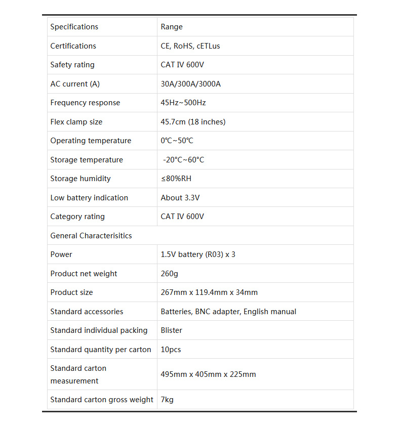 UNI-TUT-CS09D3000AACCurrentFlexibleClampMeterFlexClampSensorAmperemeterFrequencyMeterUT206BUT208BApp-1983051-4