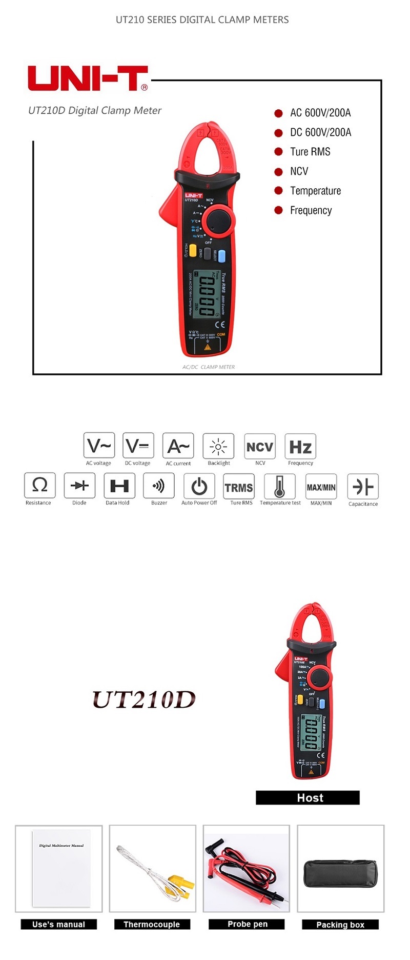 UNI-TUT210DDigitalClampMeterTemperatureMeasurementAutoRangeCapacitanceMultimeterACDCCur-1404793-7