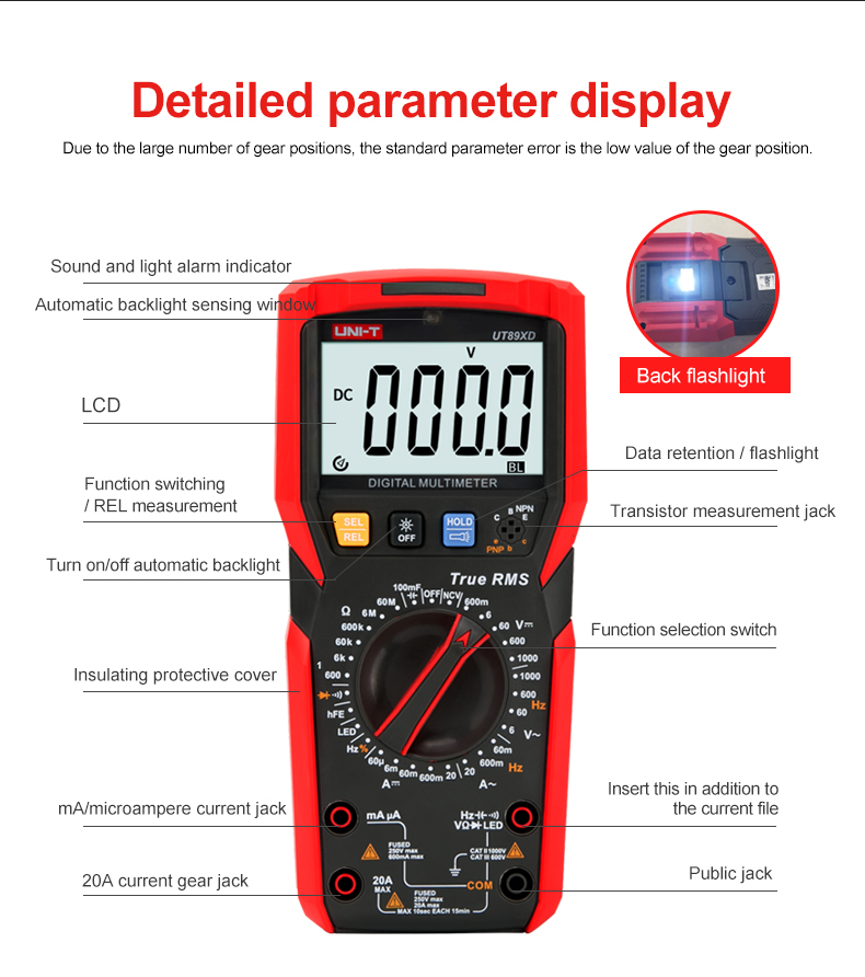 UNI-TUT89XUT89XDProfessionalDigitalMultimeterTrueRMSNCV20ACurrentACDCVoltmeterCapacitanceResistanceT-1983054-2