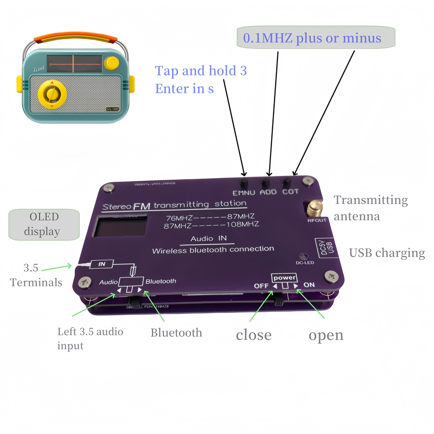 bluetooth-EnabledFMTransmitterandReceiverAdjustable76-108MHZFrequencyRechargeableLithiumBattery100Me-2014431-4