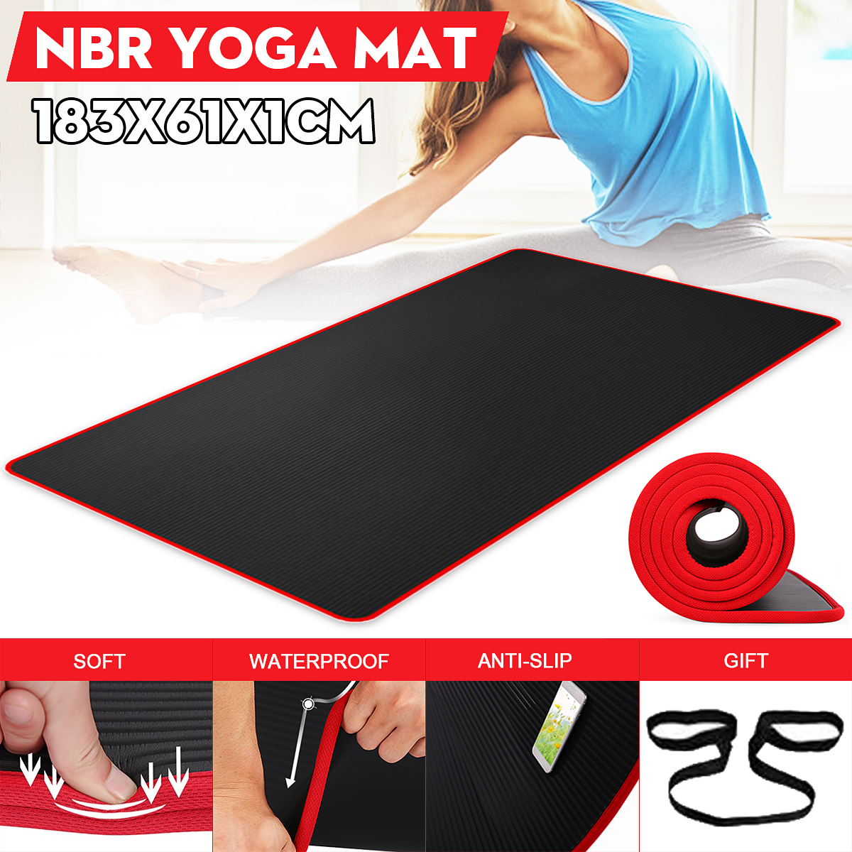 72x24x04inchNBRYogaMatExerciseFitnessGymPilatesAnti-slipWaterproofHemmingEdgeMatswithBackBelt-1549038-1