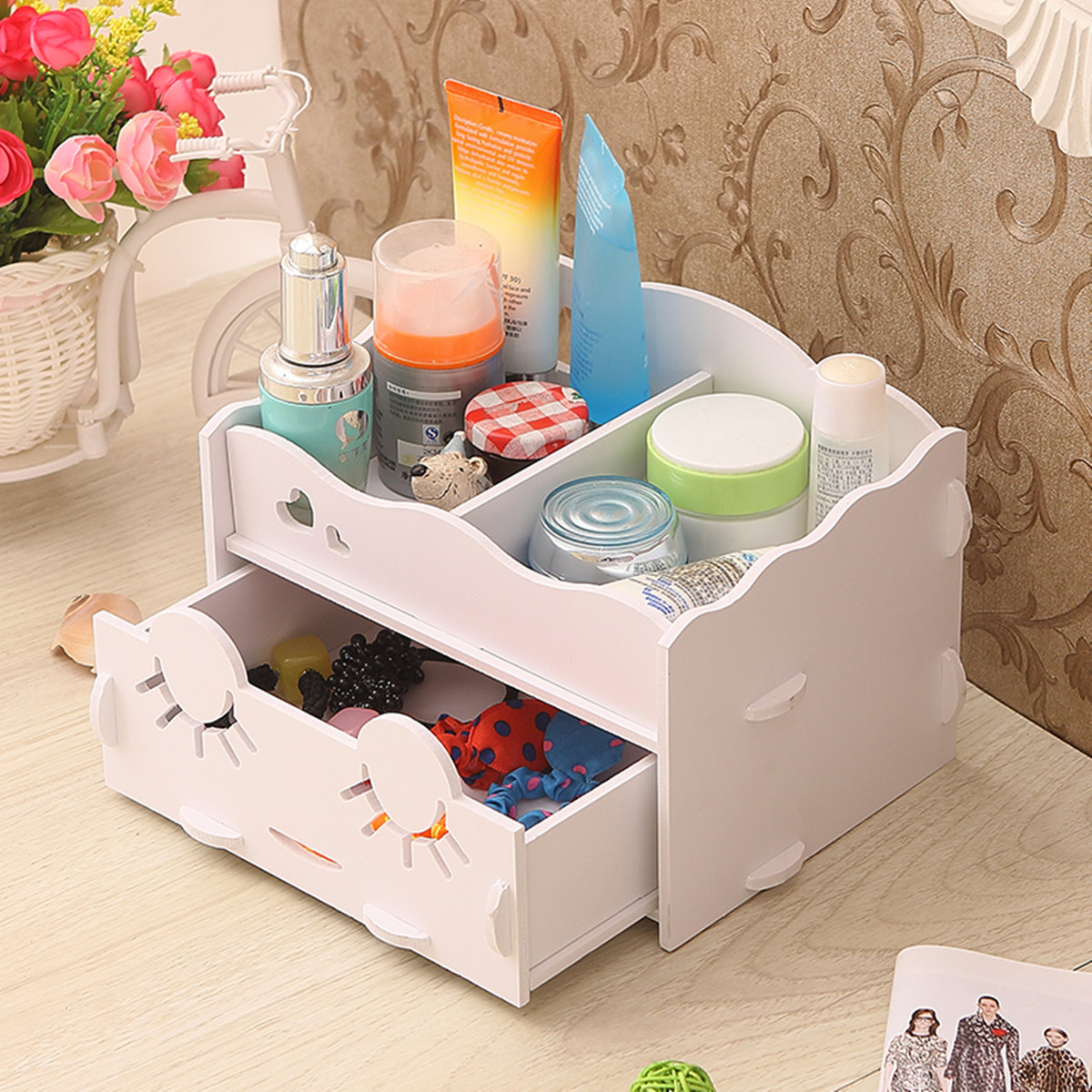 SmilingFaceCuteWoodenWhiteMakeupOrganizerNeatTableCollectingCaseCosmeticsTools-1123232-2