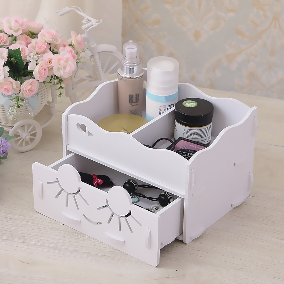 SmilingFaceCuteWoodenWhiteMakeupOrganizerNeatTableCollectingCaseCosmeticsTools-1123232-3