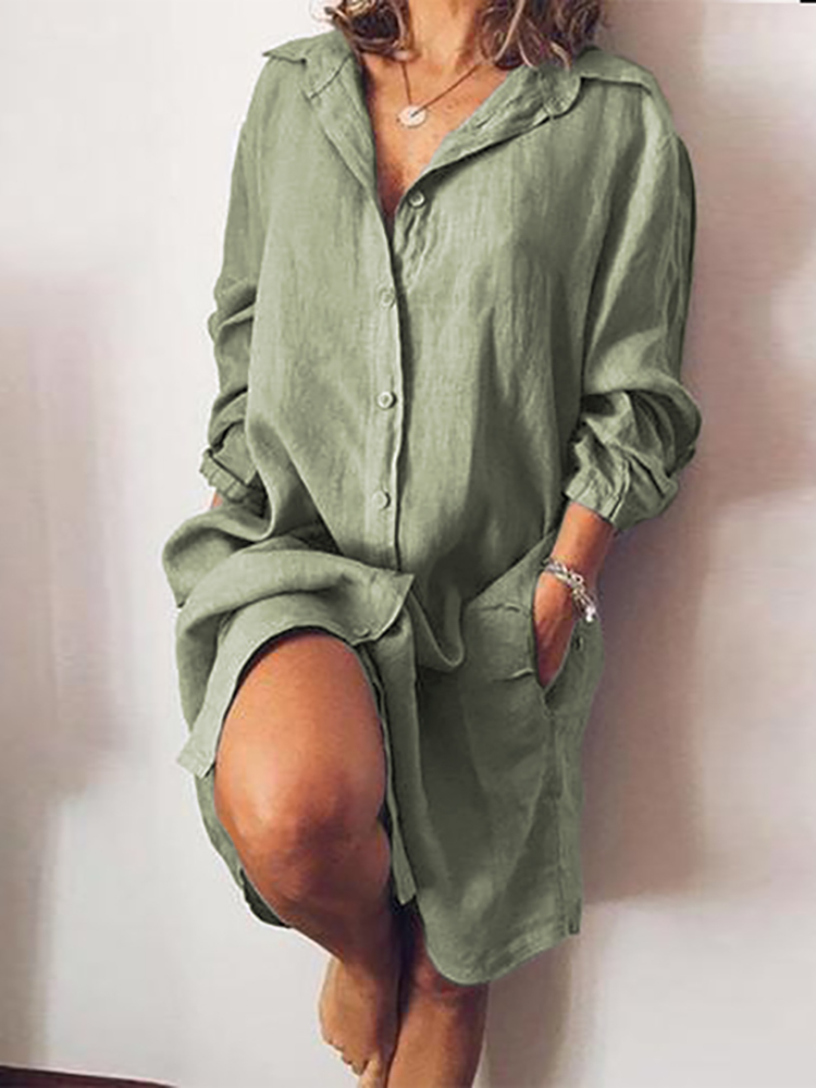 WomenLooseCasualLongSleeveV-neckButtonPocketShirtDress-1534208-1