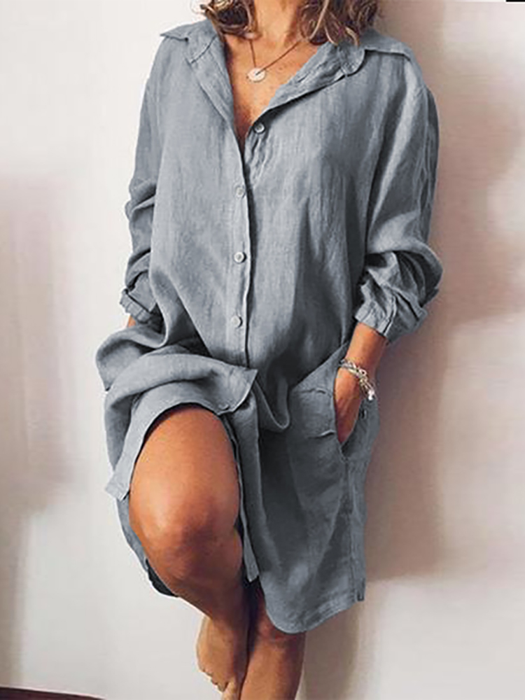 WomenLooseCasualLongSleeveV-neckButtonPocketShirtDress-1534208-2