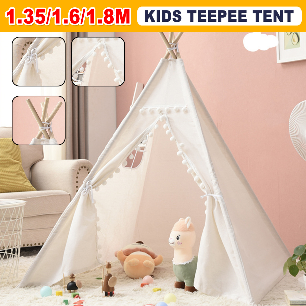 135M-18MBabyTentsTeepeeDurableQualityCottonCanvasTriangleTentKidsPlayhousePretendIndoorOutdoorPlayTe-1821228-1