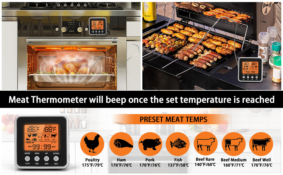 AGSIVODigitalFoodOvenMeatThermometerWithProbeTimerAlertBacklightOutdoorGrillCookBarbecueKitchenCooki-2003214-2