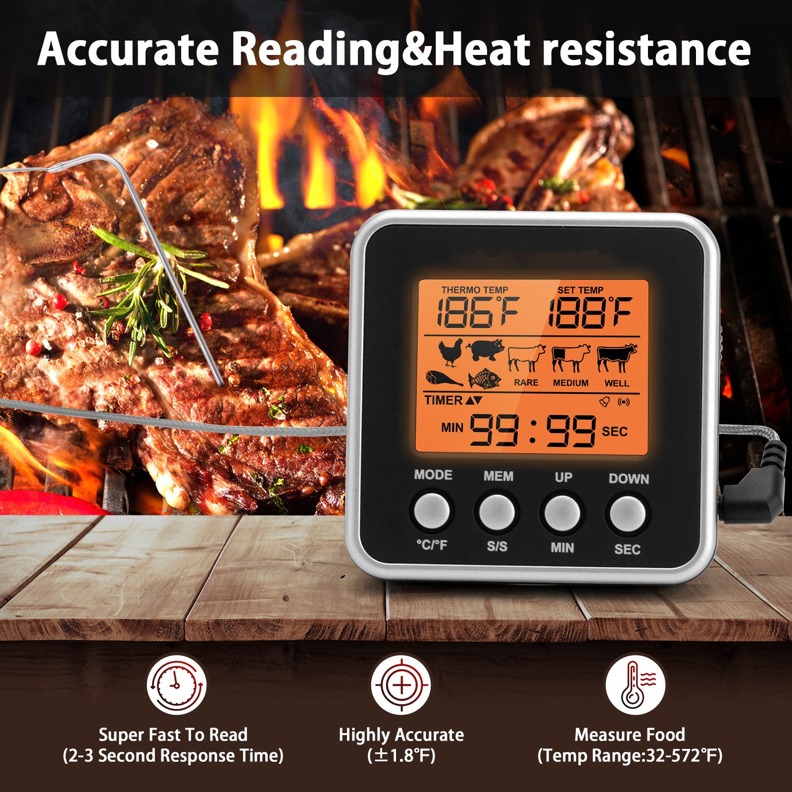 AGSIVODigitalFoodOvenMeatThermometerWithProbeTimerAlertBacklightOutdoorGrillCookBarbecueKitchenCooki-2003214-5