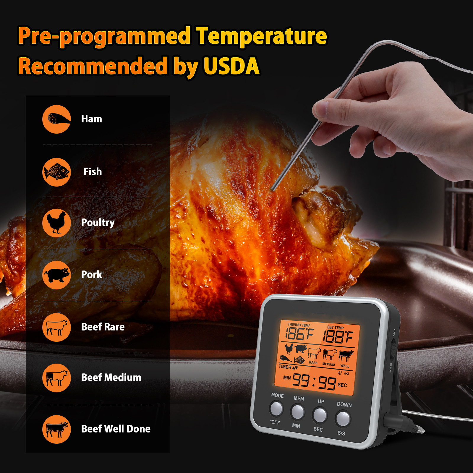 AGSIVODigitalFoodOvenMeatThermometerWithProbeTimerAlertBacklightOutdoorGrillCookBarbecueKitchenCooki-2003214-6