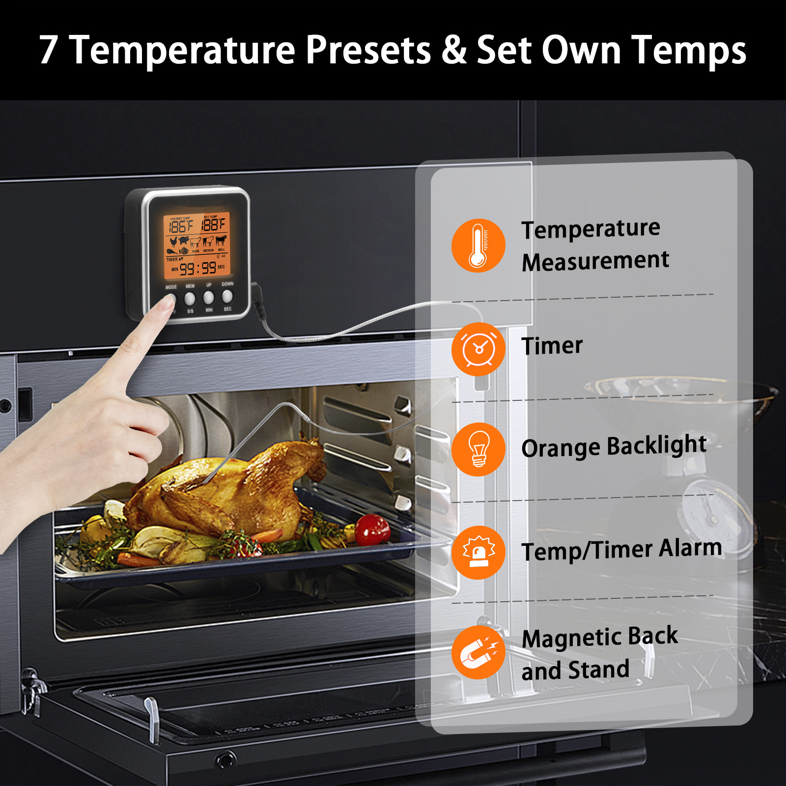 AGSIVODigitalFoodOvenMeatThermometerWithProbeTimerAlertBacklightOutdoorGrillCookBarbecueKitchenCooki-2003214-7