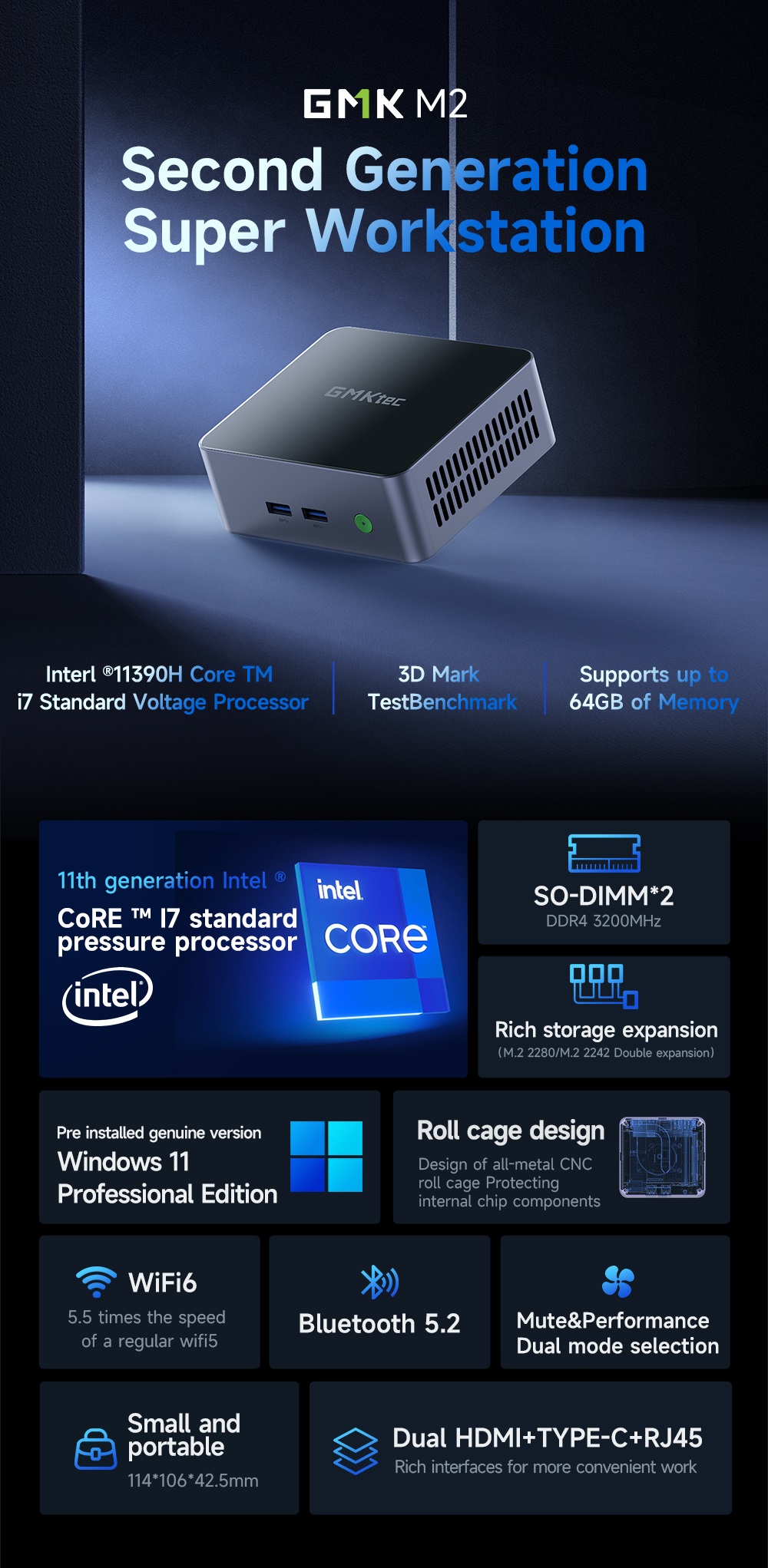 GMKTECM2IntelCorei7-11390H11thGenerationMiniPC16GBRAM512GBNVMESSDWIFI6BT52HDType-C4KTripleDisplayWin-1998189-1