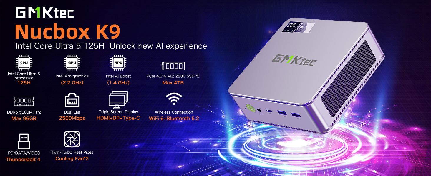 GMKtecK9IntelCoreUltra125H14Cores18ThreadsMiniPC16GB32GBDDR5RAM1TBSSD4KTripleOutputWIFI6BT52HDType-C-2015788-1