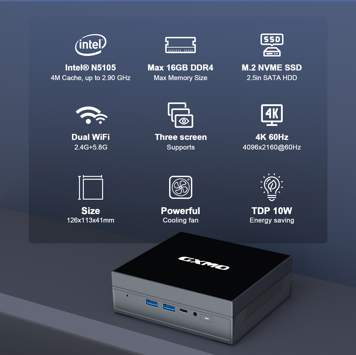 GXMOGX55IntelCeleronN5105MiniPC16GBDDR4512GBSSDDualHDType-C4KTripleOutputWiFi5Windows11MiniComputerD-2015787-2
