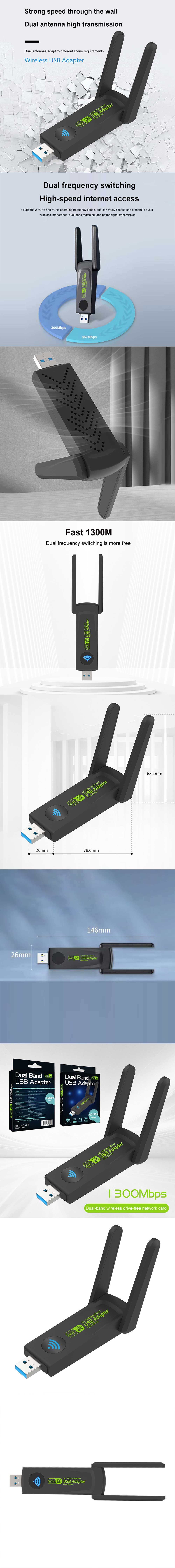 1300Mbps24G5GDualBandUSB30WiFiAdapterWifiDongleUSBNetworkCardFreeDriverwithExternalHighGainDualAnten-1983634-1