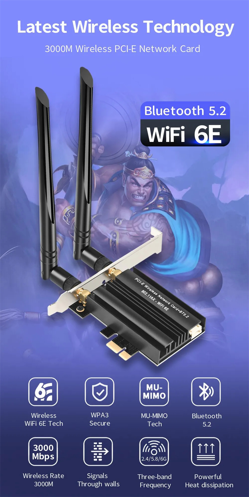 WiFi6eAX3000Wi-FiAdapterTriBand24G5G6GDesktopPCIEWirelessNetworkCardSupport52bluetoothforPCWin1011-2001629-1