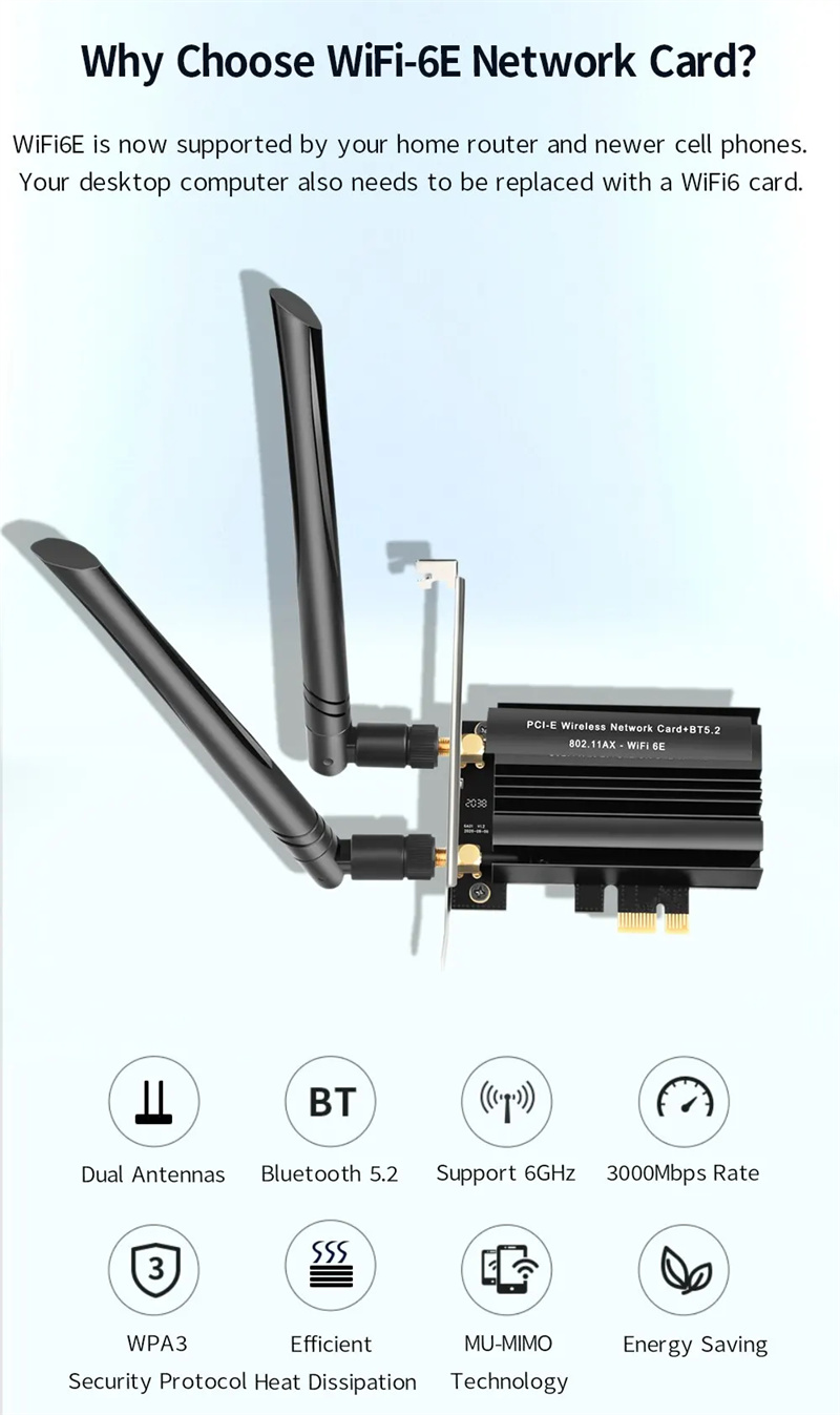 WiFi6eAX3000Wi-FiAdapterTriBand24G5G6GDesktopPCIEWirelessNetworkCardSupport52bluetoothforPCWin1011-2001629-2
