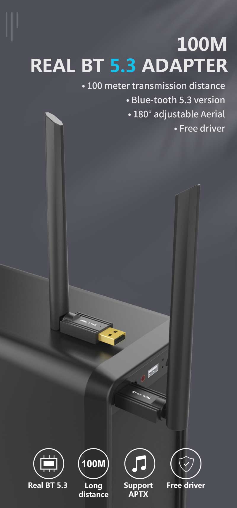 Wirelessbluetooth53USBAdapter100MLongRangebluetoothTransceiverDriveFreeforPCComputerLaptopwith4dBiAn-1981981-1