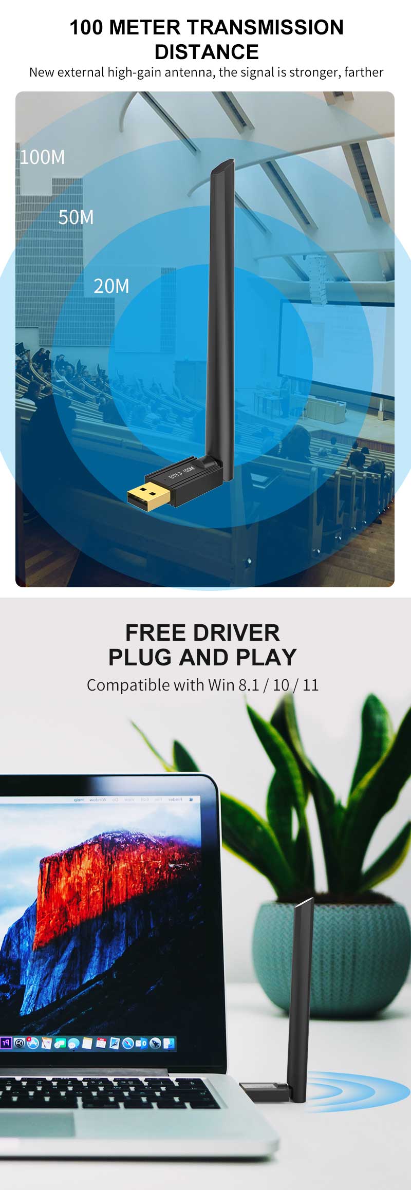 Wirelessbluetooth53USBAdapter100MLongRangebluetoothTransceiverDriveFreeforPCComputerLaptopwith4dBiAn-1981981-5