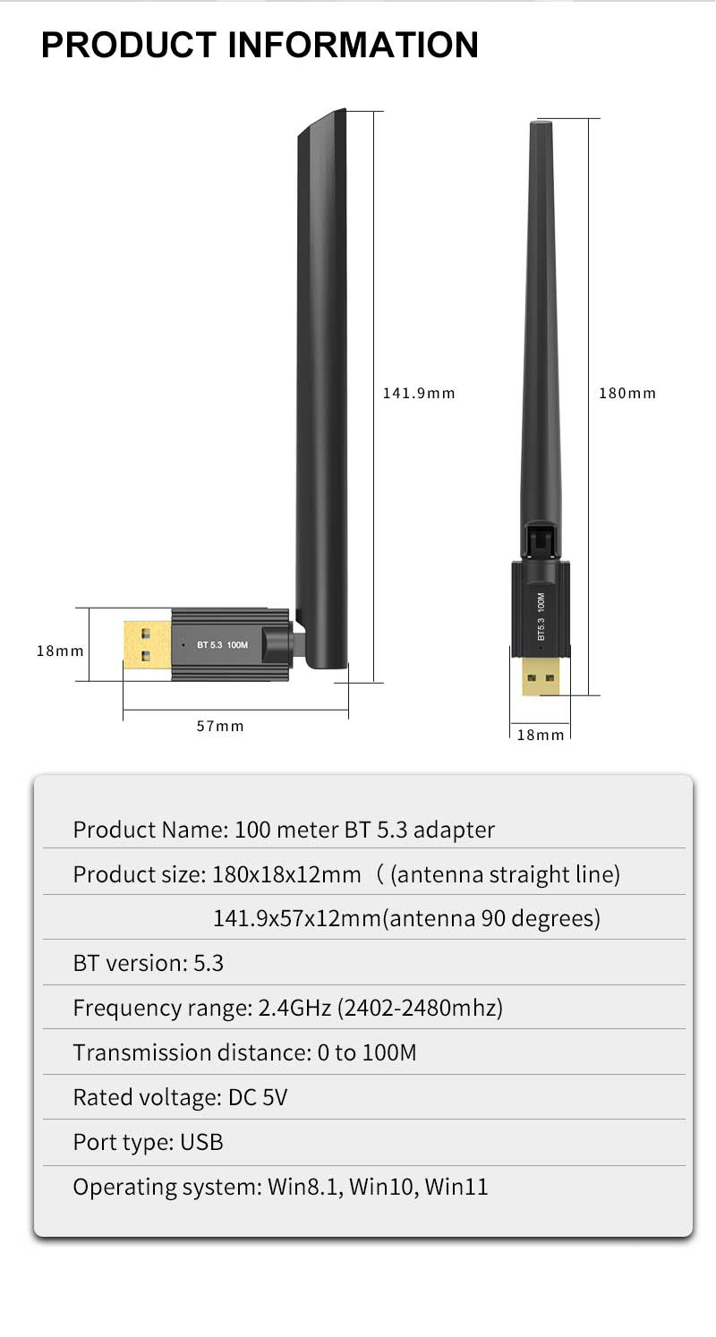 Wirelessbluetooth53USBAdapter100MLongRangebluetoothTransceiverDriveFreeforPCComputerLaptopwith4dBiAn-1981981-8