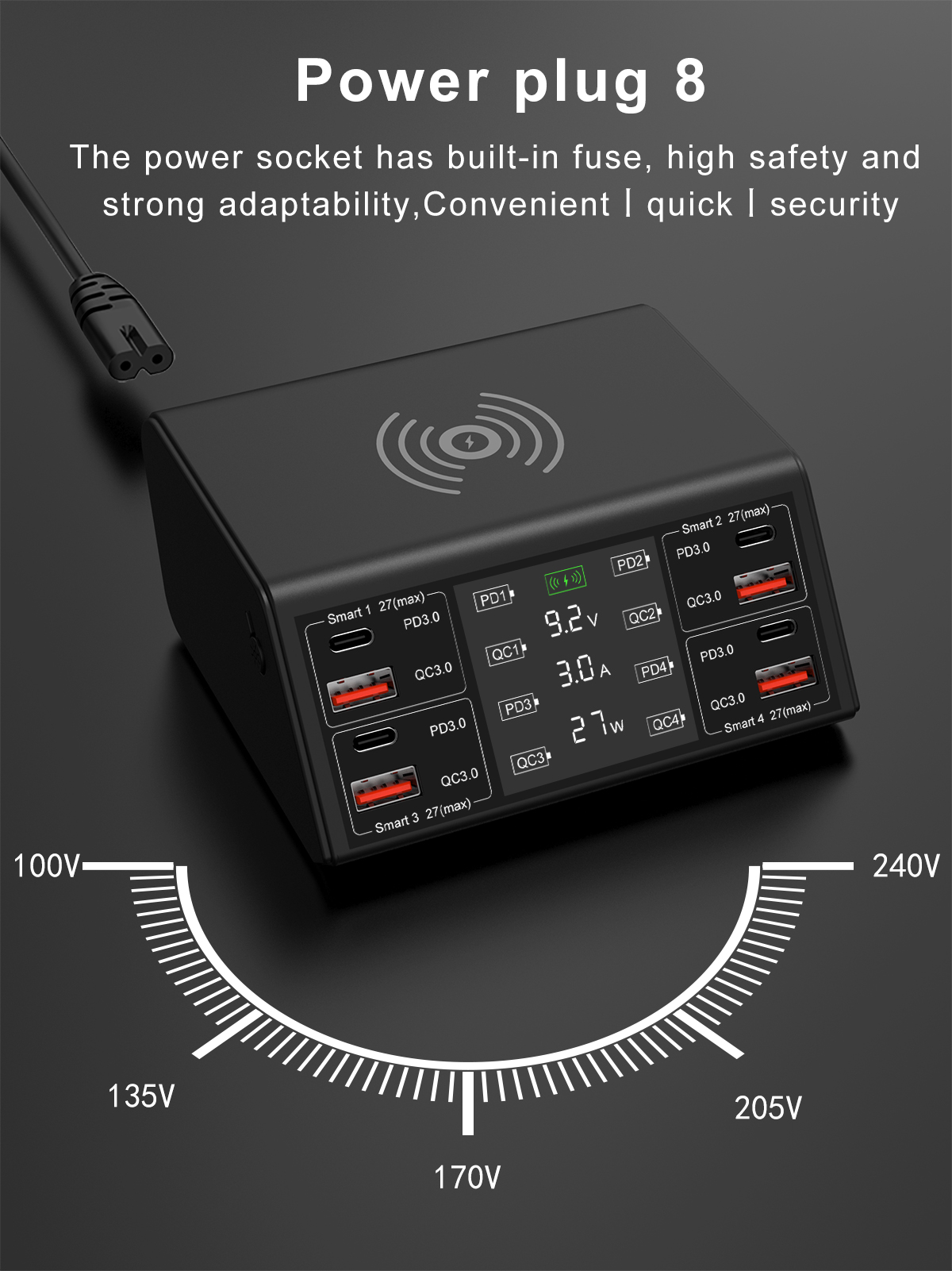 100W8-PortUSBPDCharger4USB-AQC304USB-CPD30FastChargingDesktopChargingStationwith15W10W75W5WWirelessC-1994951-7