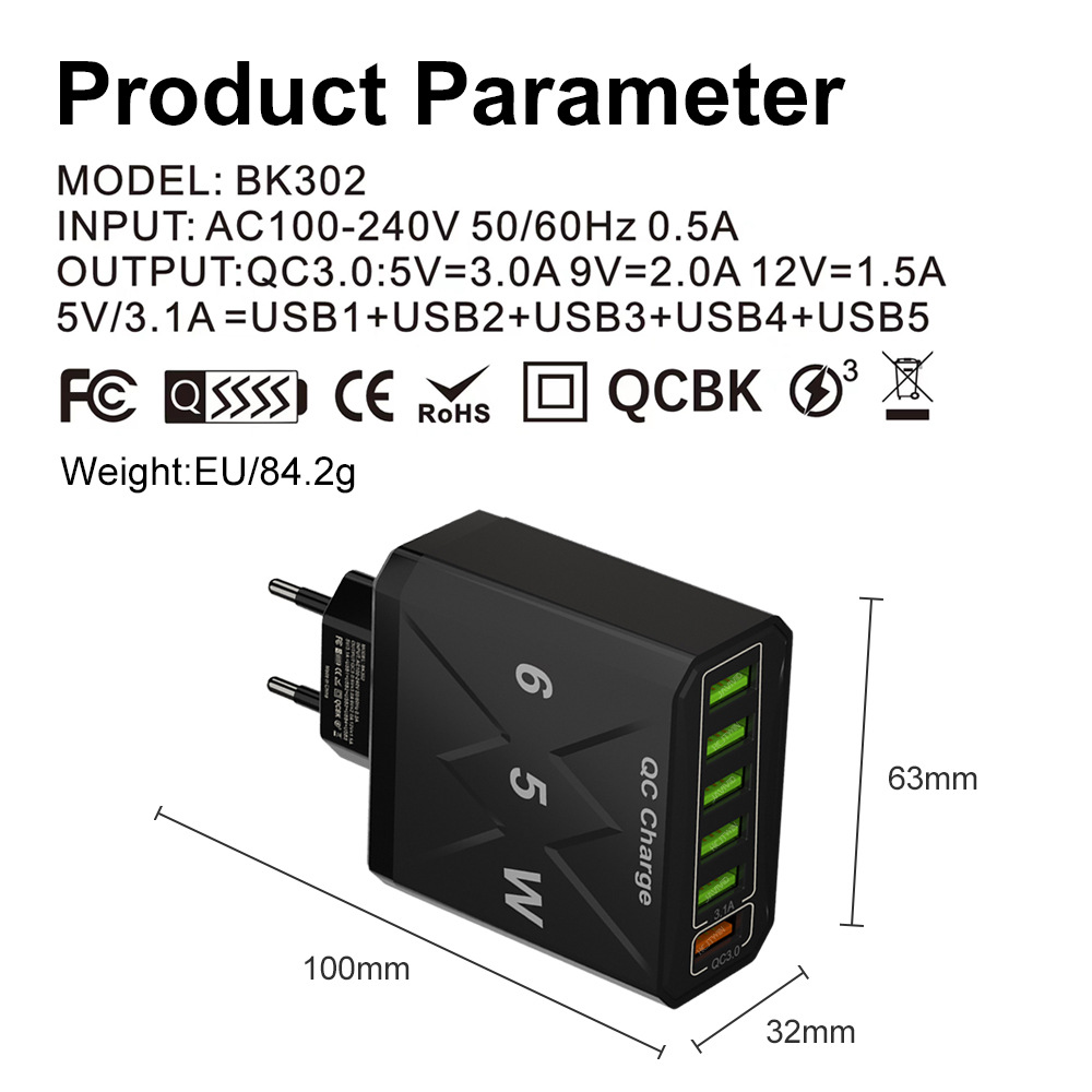 65W6-PortUSBCharger31AUSB-A5QC30FastChargingWallChargerAdapterEUPlugUSPlugforiPhone12131414ProforHua-1993322-9