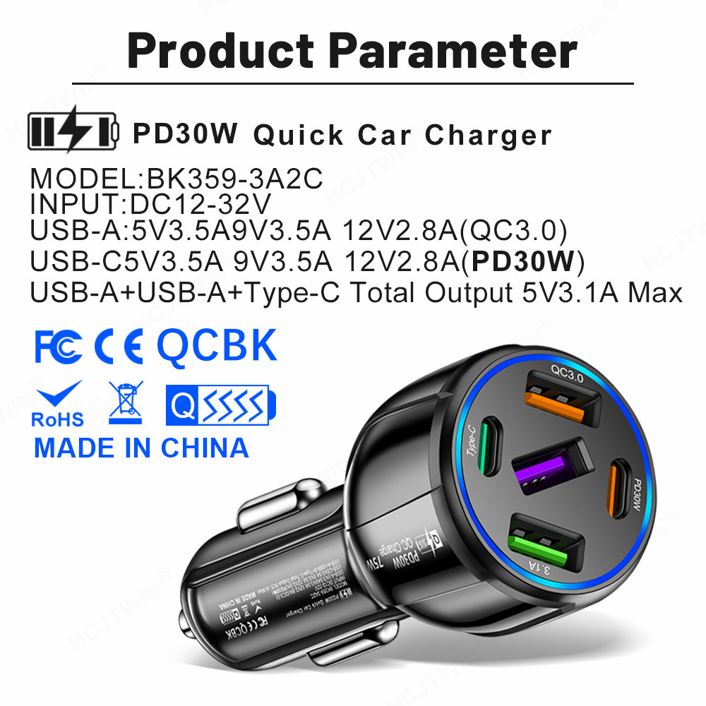 75W5-PortUSBPDCarChargerAdapter3USB-A2USB-CPDQC30FastChargingforiPhone1515Plus15Pro15ProMaxforHuawei-2003128-5