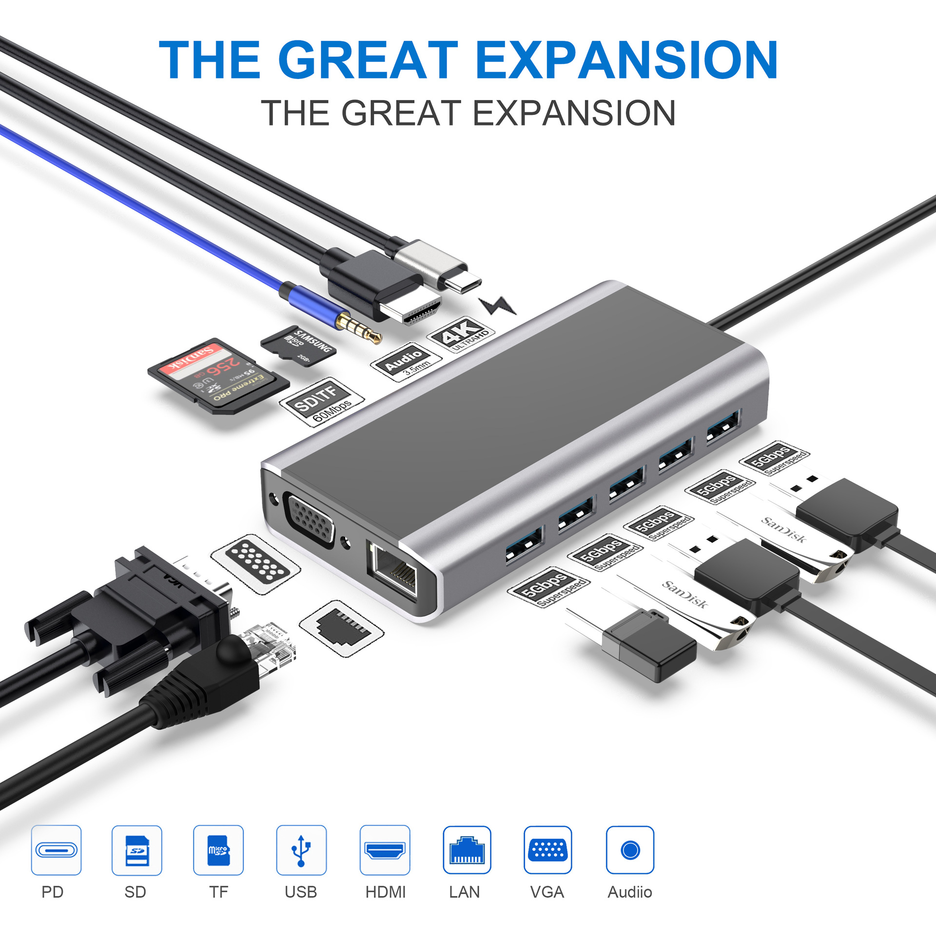 BakeeyFX14W13in1USB-CHubDockingStationAdapterwith1PD1SD1TF5USB301HDMI1LAN1VHA1Audio-1850859-2