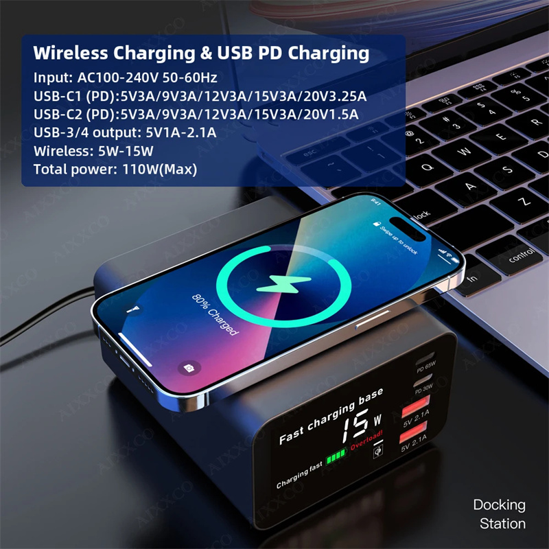 BakeeyWLX-X9C110W4-PortUSBPDCharger2USB-A2USB-CWirelessFastChargingDesktopChargingStationEUPlugforiP-2007298-3