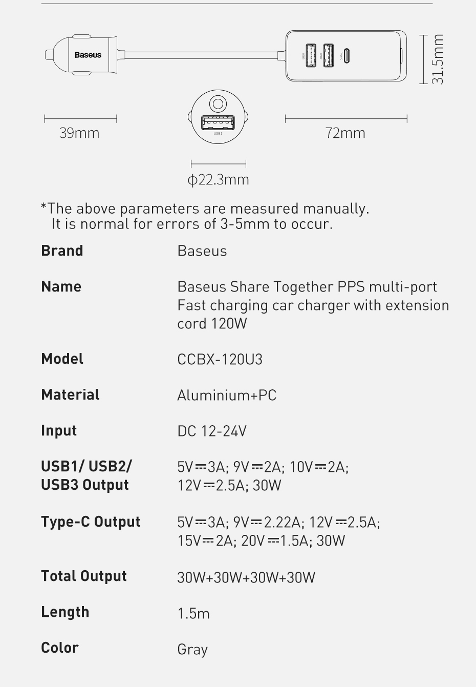 Baseus120W4-Port2USB2Type-CCarChargerPPSPDQC30FCPAFCFastCharging15mLongCable-1850920-21