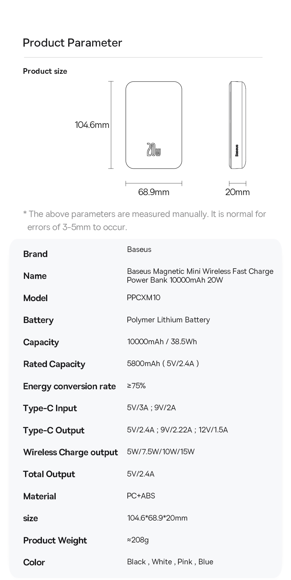 Baseus20W10000mAhMagneticMiniWirelessFastChargePowerBankforiPhone13ProMaxforSamsungGalaxyNoteS21ultr-1986405-9