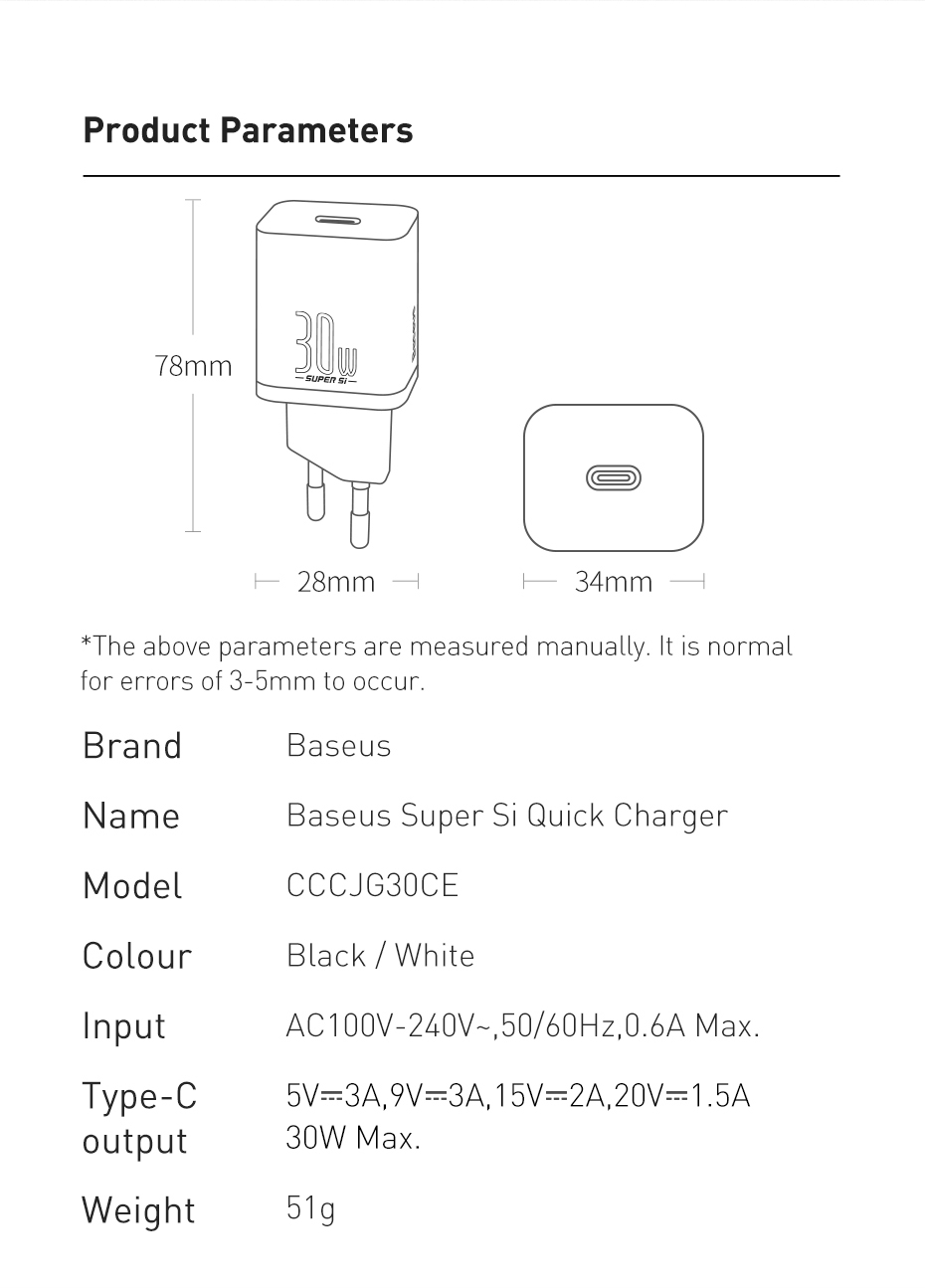 Baseus30W1-PortUSBPDCharger30WUSB-CPD30QC30FastChargingWallChargerAdapterEUPlugforiPhone151413forSam-2012278-13