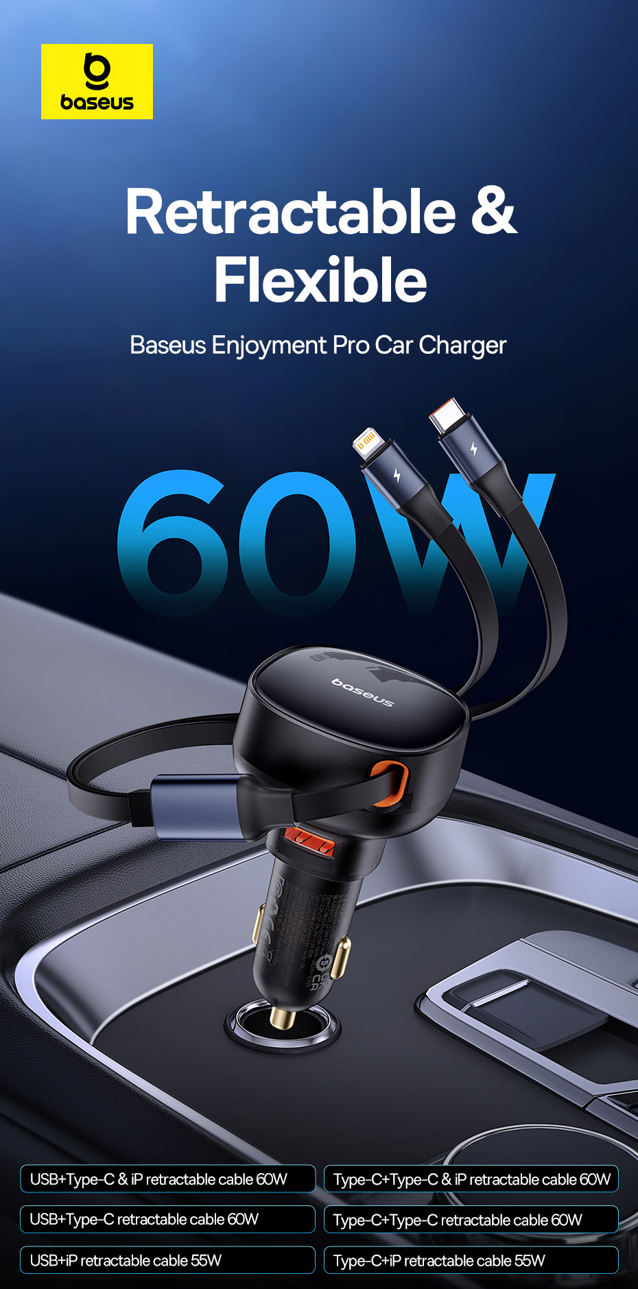 BaseusEnjoymentPro60W1-PortUSBCarChargerBuilt-inRetractableType-CCableSupportQC3020PD3020SCPFCPPPSFa-1998304-1