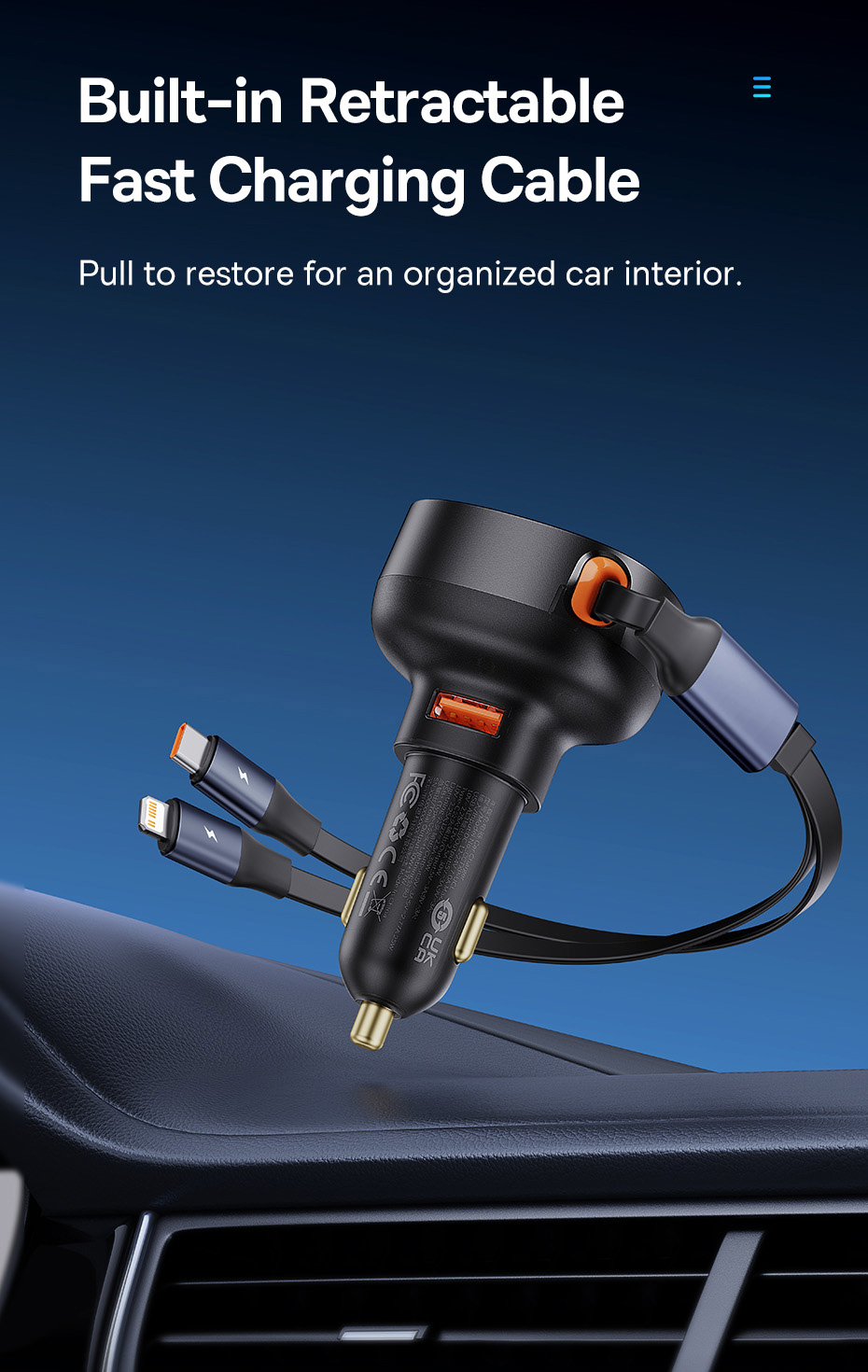 BaseusEnjoymentPro60W1-PortUSBCarChargerBuilt-inRetractableType-CCableSupportQC3020PD3020SCPFCPPPSFa-1998304-3