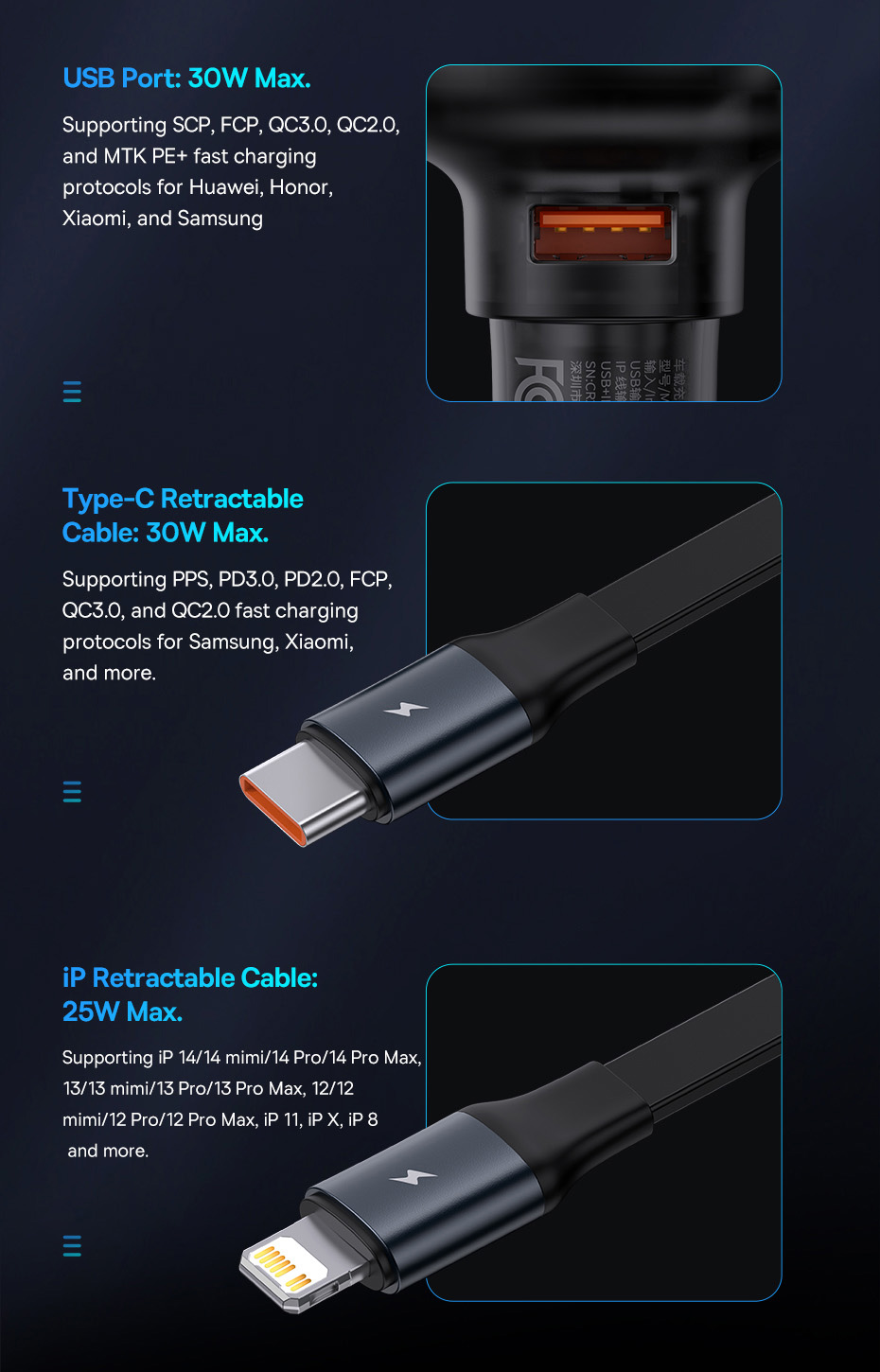 BaseusEnjoymentPro60W1-PortUSBCarChargerBuilt-inRetractableType-CCableSupportQC3020PD3020SCPFCPPPSFa-1998304-6