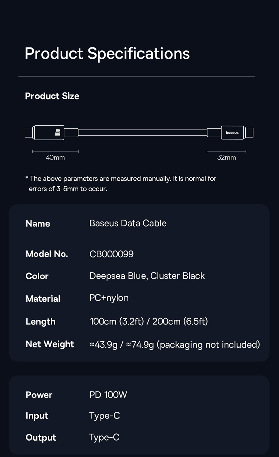 BaseusExplorerSeriesPD100WType-CtoType-CCableFastChargingDataTransmissionCopperCoreLine1M2MLongforiP-2015223-17