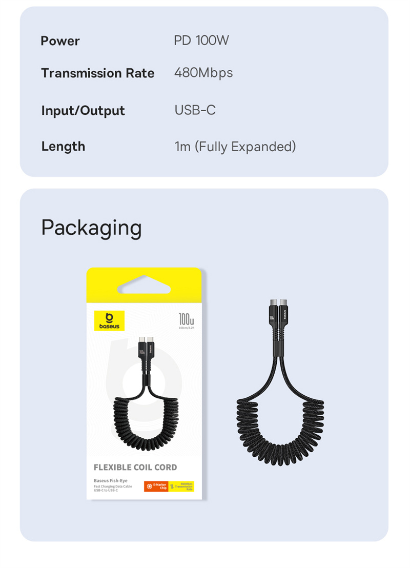 BaseusFishEyePD100WUSB-CtoUSB-CCableFastChargingDataTransmissionTinnedCopperCoreLine1MLongforiPhone1-2010216-16