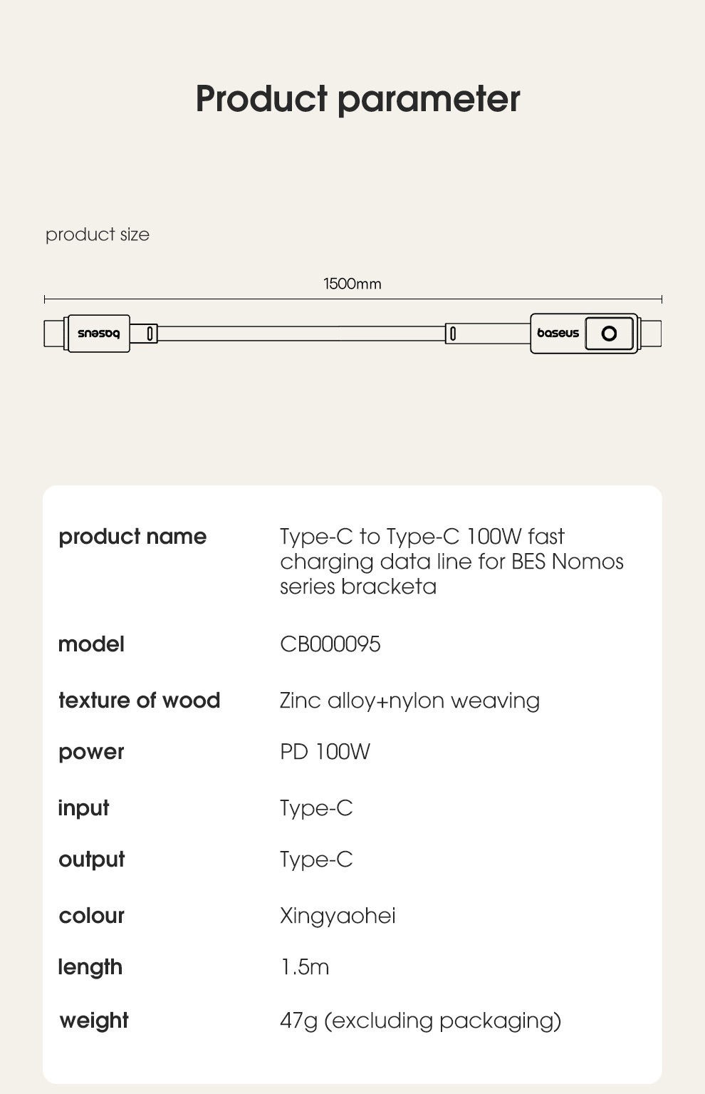 BaseusNOMOSSeriesPD100WType-CtoType-CBracketCableFastChargingCopperCoreLine15MLongforiPhone1515Plusf-2015224-18