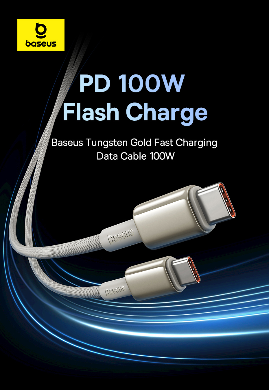 BaseusTungstonGoldSeries5A100WType-CtoType-CCableFastChargingDataTransmissionTinnedCopperCoreLine1ML-2007445-1