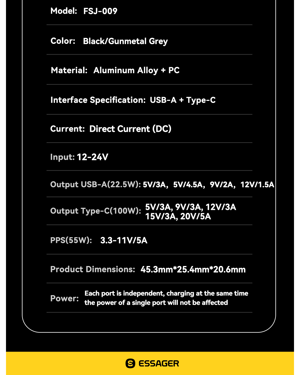 ESSAGERFSJ-009120W2-PortUSBPDCarChargerAdapter18WUSBQC30100WUSB-CPDFastChargingDigitalDisplayforiPho-2013517-11