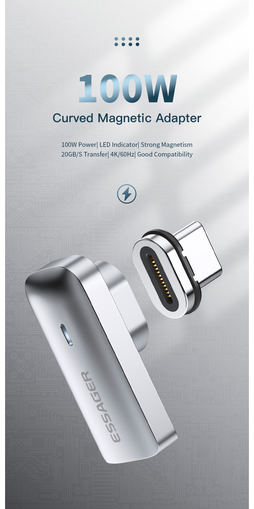 ESSAGERPD100WLEDIndicatorType-CToType-CL-shapedMagneticChargeAdapterFastChargingUSBMagnetConnector20-1975768-1