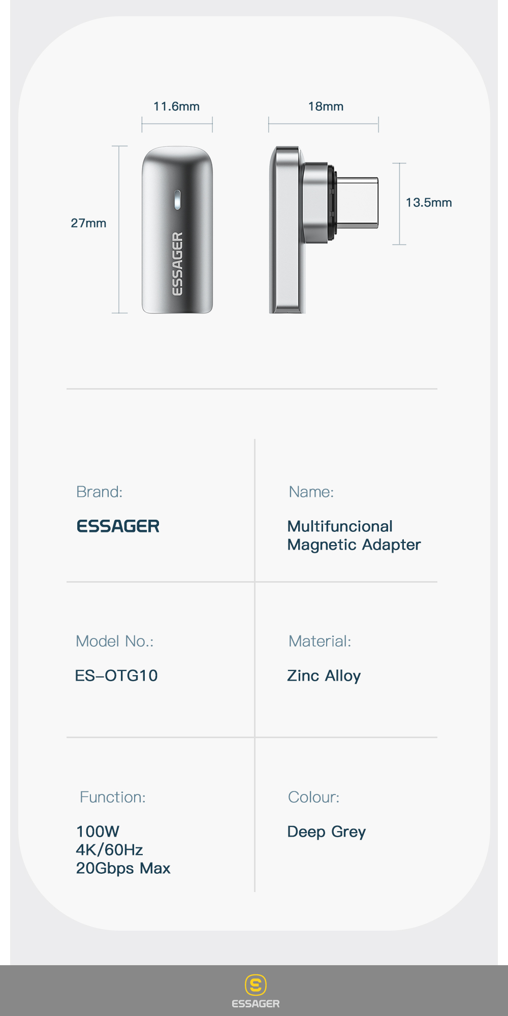 ESSAGERPD100WLEDIndicatorType-CToType-CL-shapedMagneticChargeAdapterFastChargingUSBMagnetConnector20-1975768-6