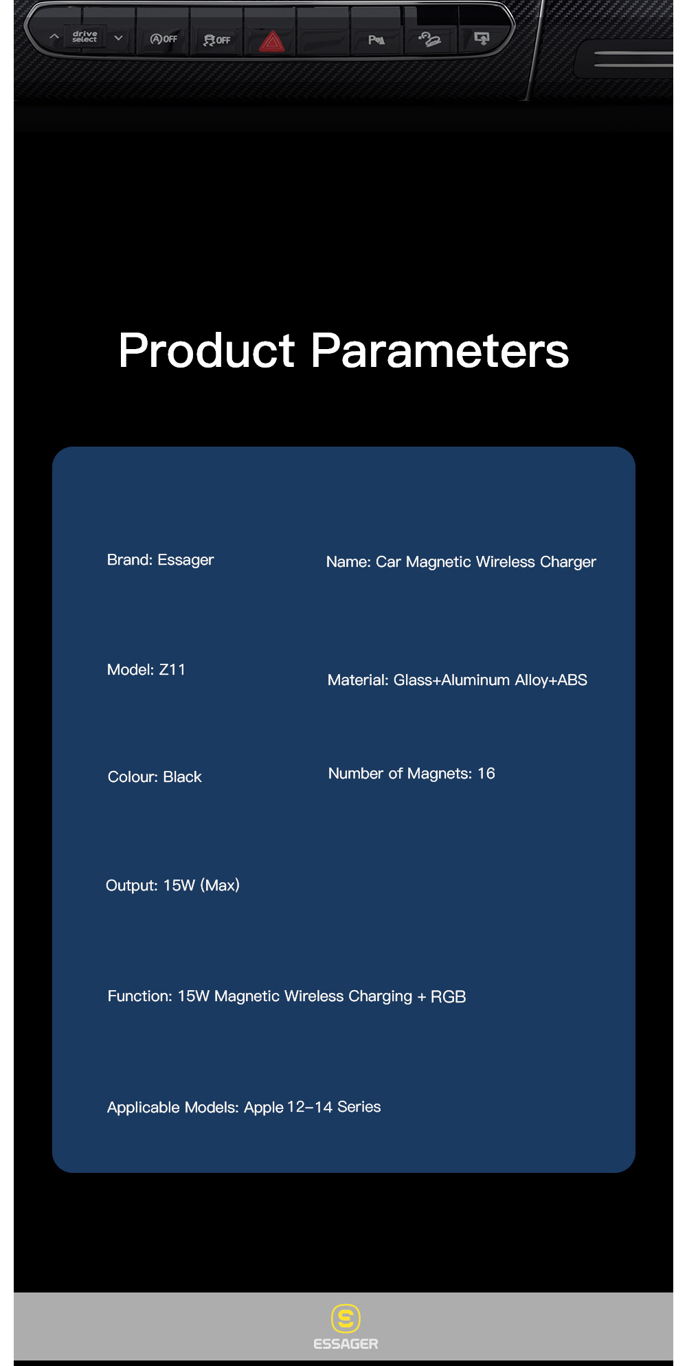 EssagerZ11RGB15WQIMagneticCarWirelessChargerPhoneHolderMountForiPhone141312Pro-1974746-13