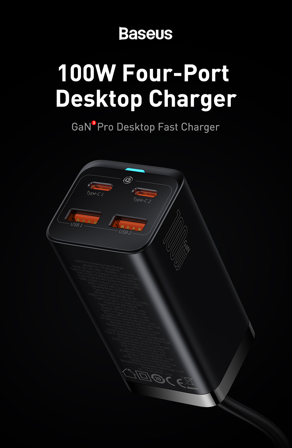 GaNTechBaseusGaN3Pro100W4-PortUSBCharger2USB-A2USB-CFastChargingDesktopChargingStationEUPlugforiPhon-2011466-2