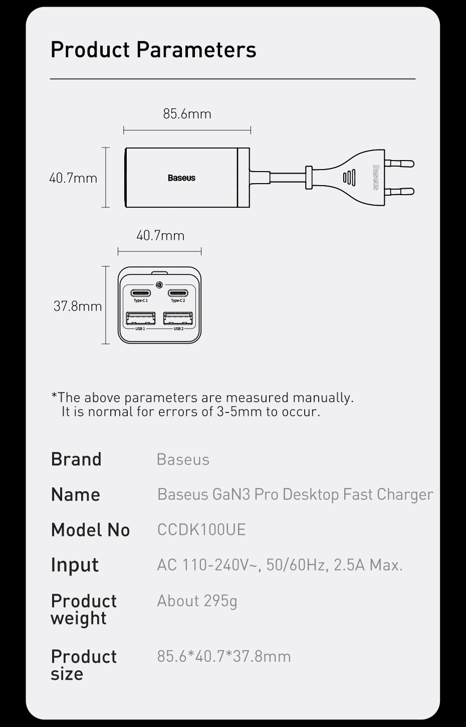 GaNTechBaseusGaN3Pro100W4-PortUSBCharger2USB-A2USB-CFastChargingDesktopChargingStationEUPlugforiPhon-2011466-20