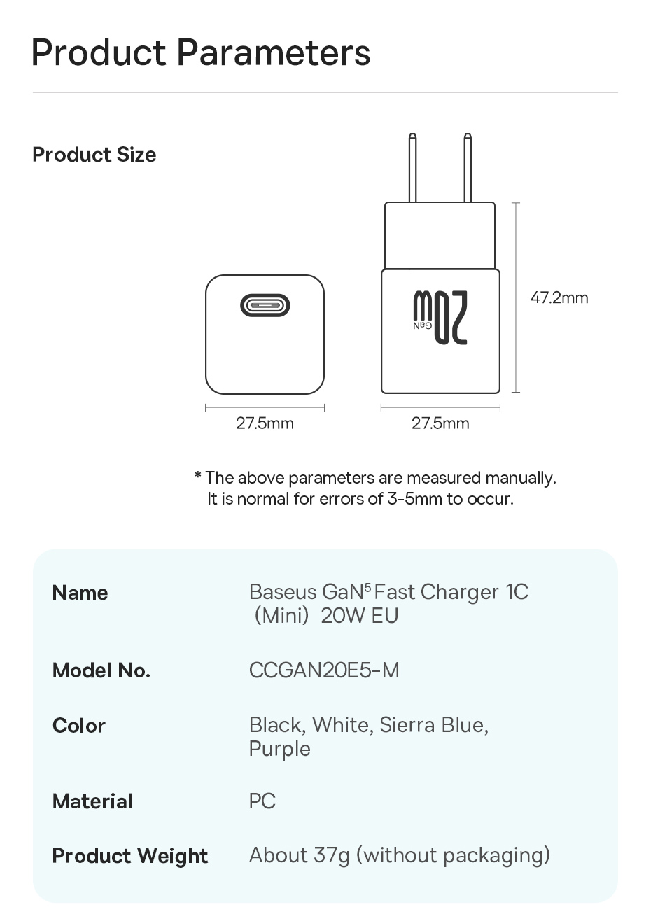 GaNTechBaseusGaN520W1-PortUSBPDCharger20WUSB-CPD30QC30Apple24ABC12FastChargingWallChargerAdapterEUPl-2011469-16