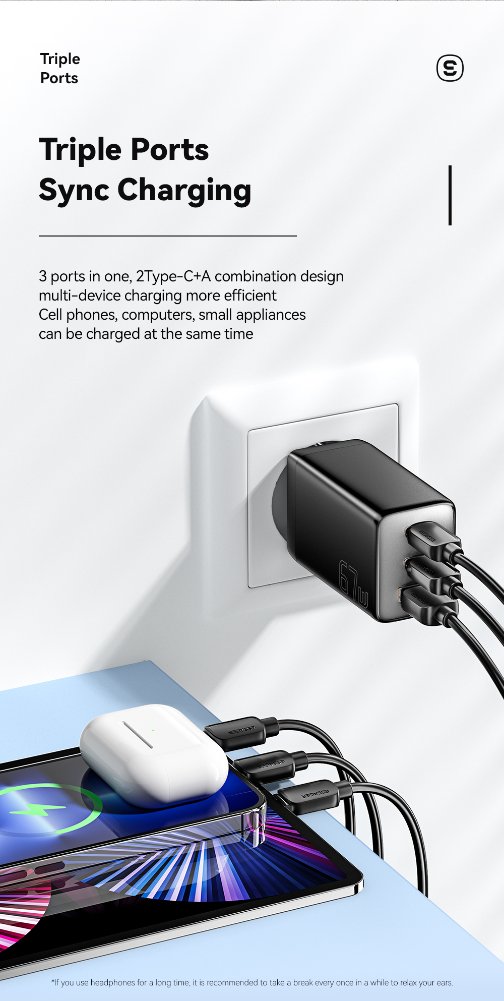 GaNTechESSAGER67W3-PortUSBPDCharger2USB-CUSB-AQC3020PDAFCFCPSCPBC12DCPApple24AFastChargingWallCharge-2013515-3