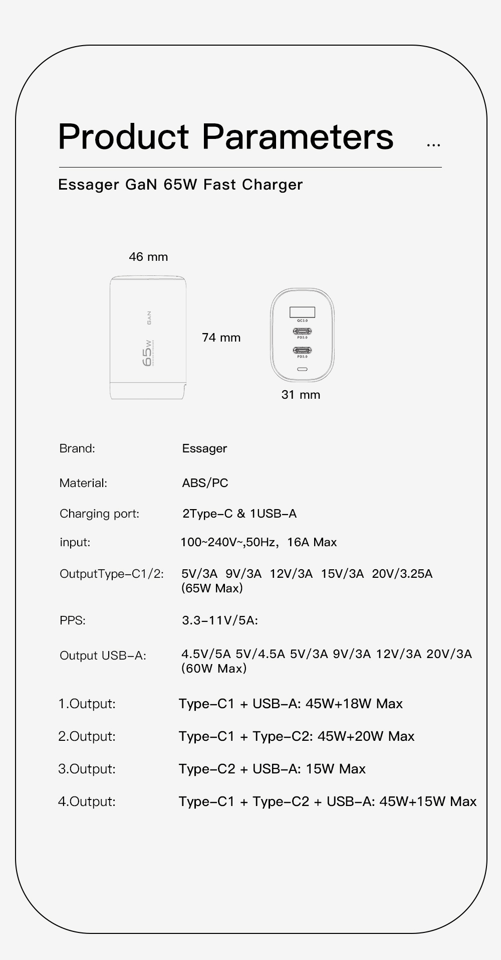 GaNTechEssager65W3-PortUSBPDCharger2Type-CUSB-APD30QC30FastChargingWallChargerAdapterEUPlugUSPlugUKP-1984920-14