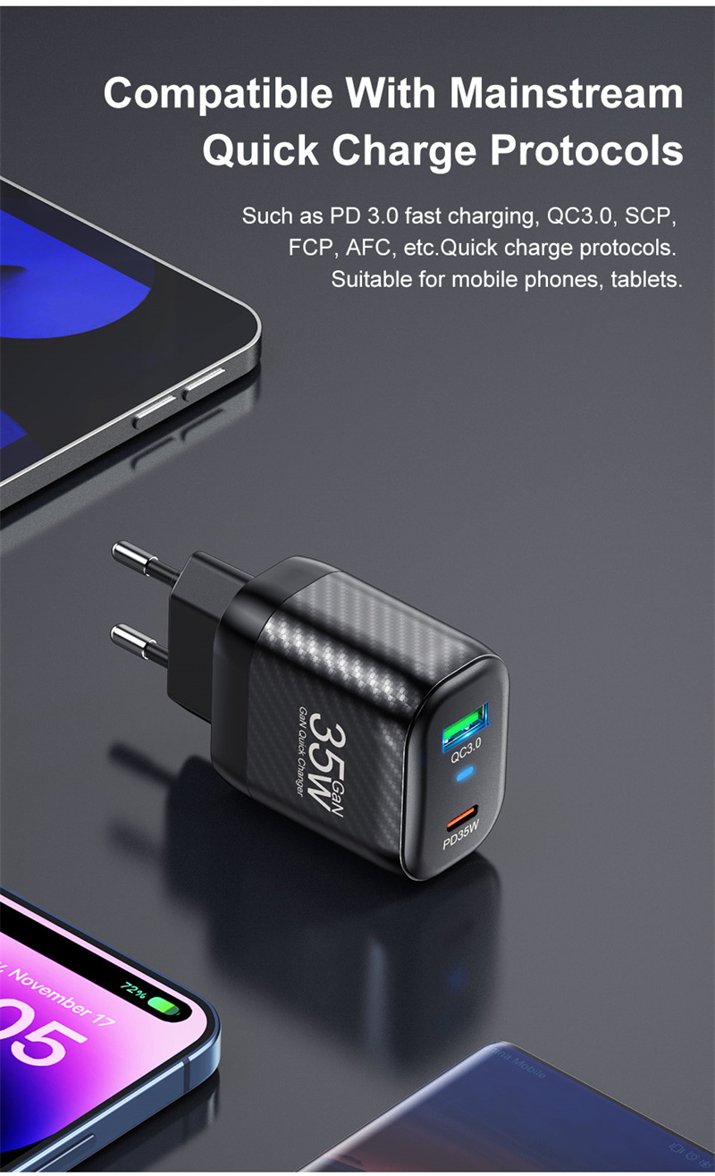 GaNTechUSLIONBK31035W2-PortUSBPDChargerUSB-AUSB-CPD30QC30SCPFCPAFCFastChargingWallChargerAdapterEUPl-2007693-6